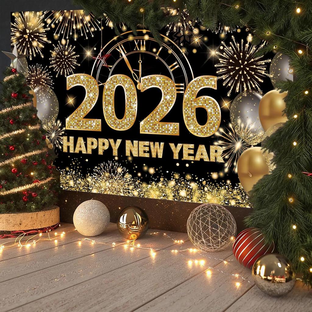 Large Happy New Year 2026 Banner, Black and Gold Happy New Year 2026 Banner, NYE Party Decorations for Boys, Girls, Friends, Celebrations Party Decor