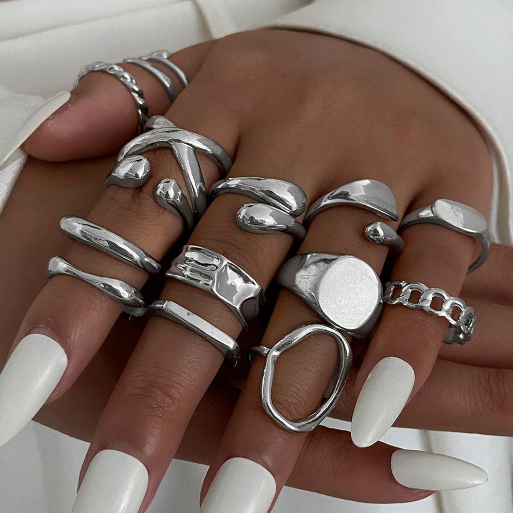 Salircon 14 Pcs/Set Anneaux Ouverts Géométriques Irréguliers Exagérés en Forme de Goutte d'Eau pour Femmes Hommes Anneau de Doigt Punk Bijoux de Mode pour Fête Cadeaux