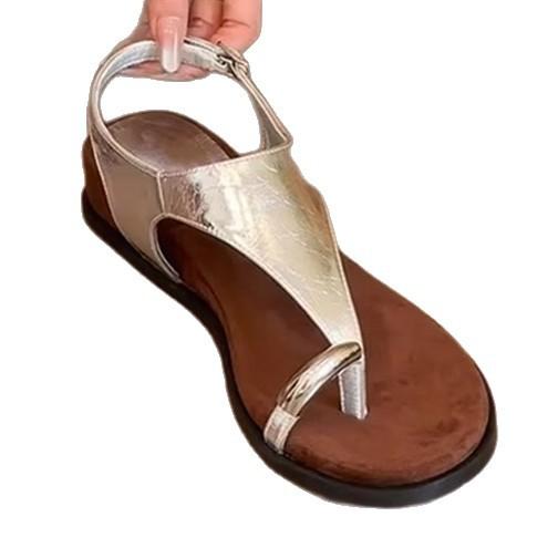 Soft Leather Version~ French Niche Metal Buckle-toed Sandals Fairy Wind Open-toed Leather Soft-soled Comfortable Roman Shoes