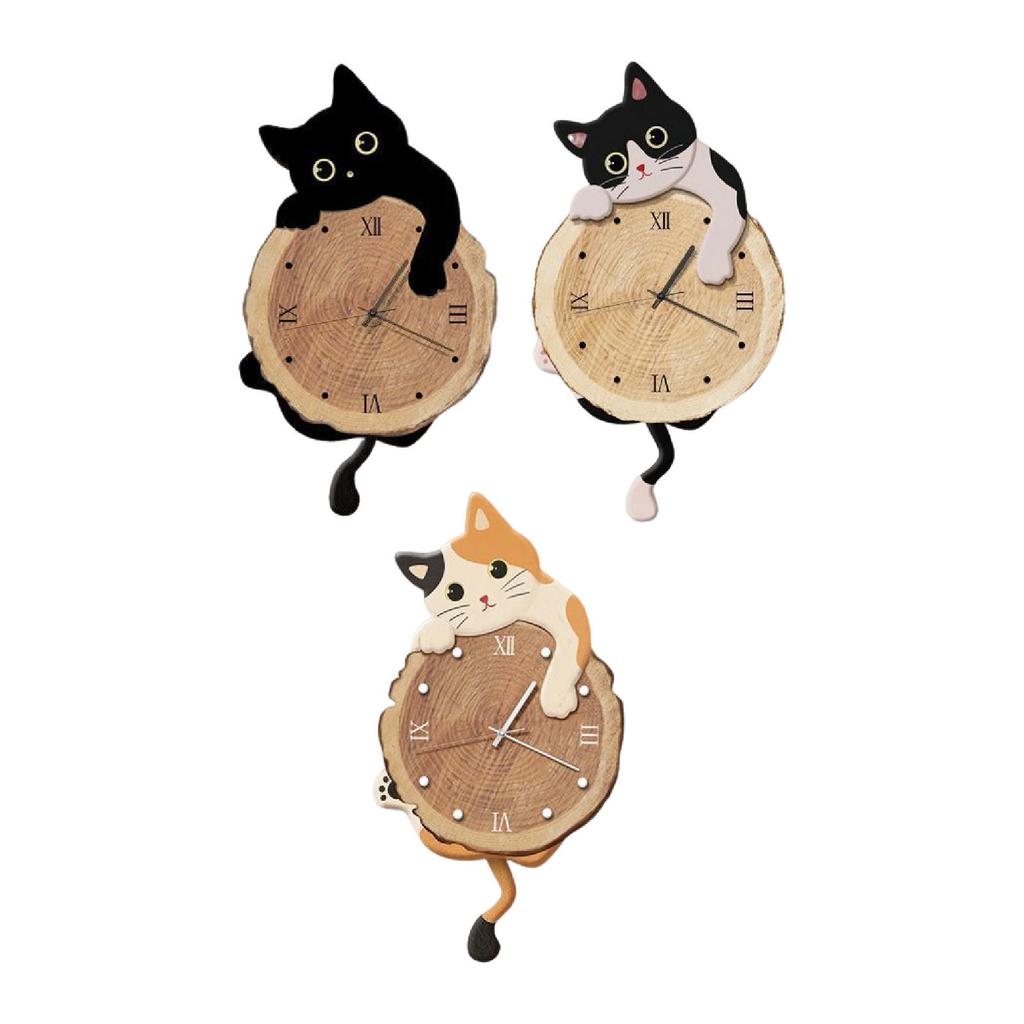 Cat Wall Clock Modern Animal Non Ticking Cute Analog Wall Clock with Swinging Tail Silent for Kids Room Indoor Housewarming Gift