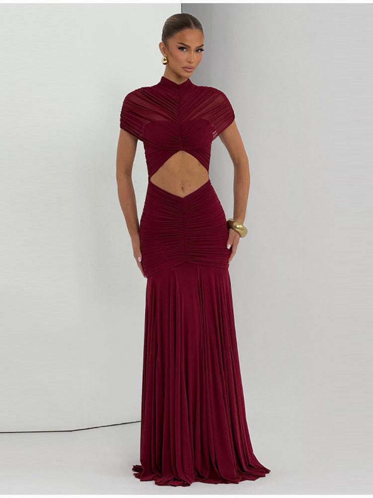2026 Summer Women's Formal Pleated Cut-Out Maxi Dress with Mesh Details