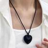 Retro Black Leather Heart Pendant Necklace - Korean Style