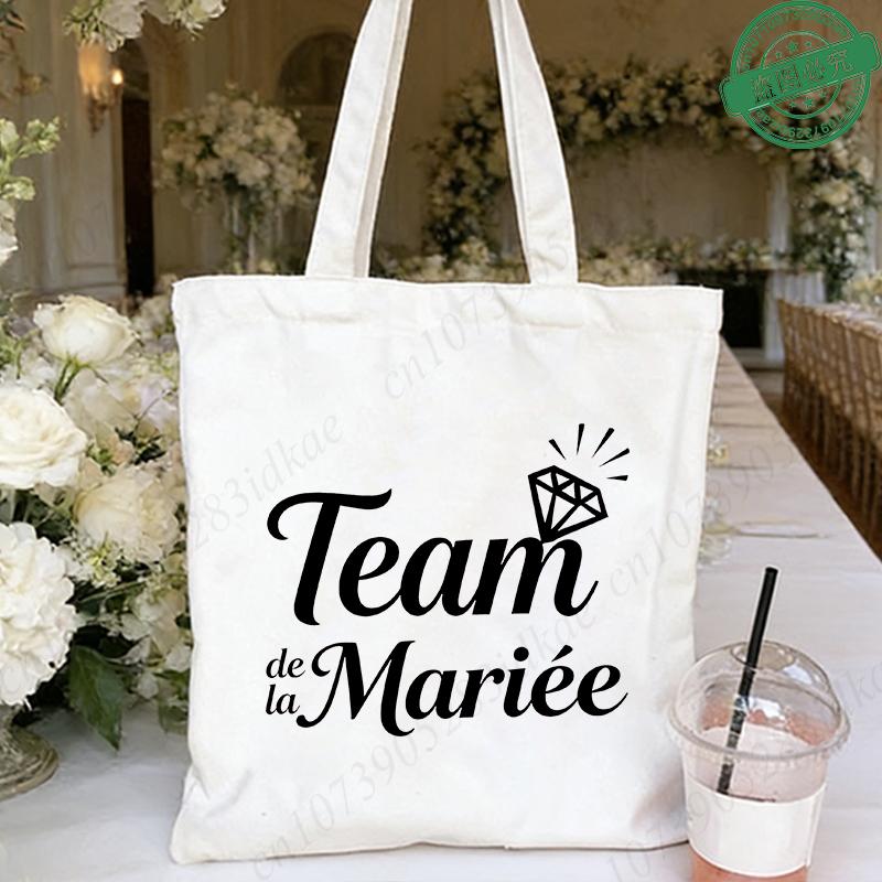 French Girl EVJF Future Bride Team Canvas Tote Bags Bachelorette Party Bridal Shower Shopping Bags with Diamond Ring Design
