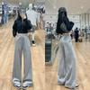 Womens High-Waisted Loose Straight Leg Sweatpants Gray Winter Casual Wide Pants