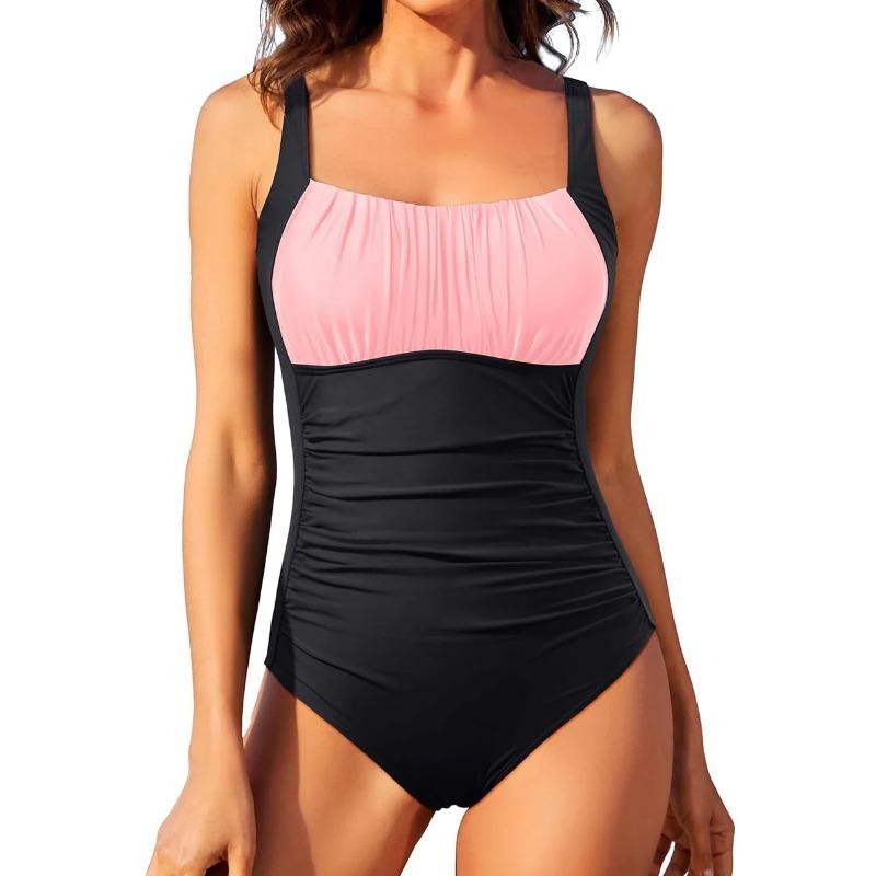 One Piece Ruched Front Swimsuit 2026 Women Vintage Solid Print Swimwear Padded Bathing Bodysuit Bather Swimming Beachwear Summer