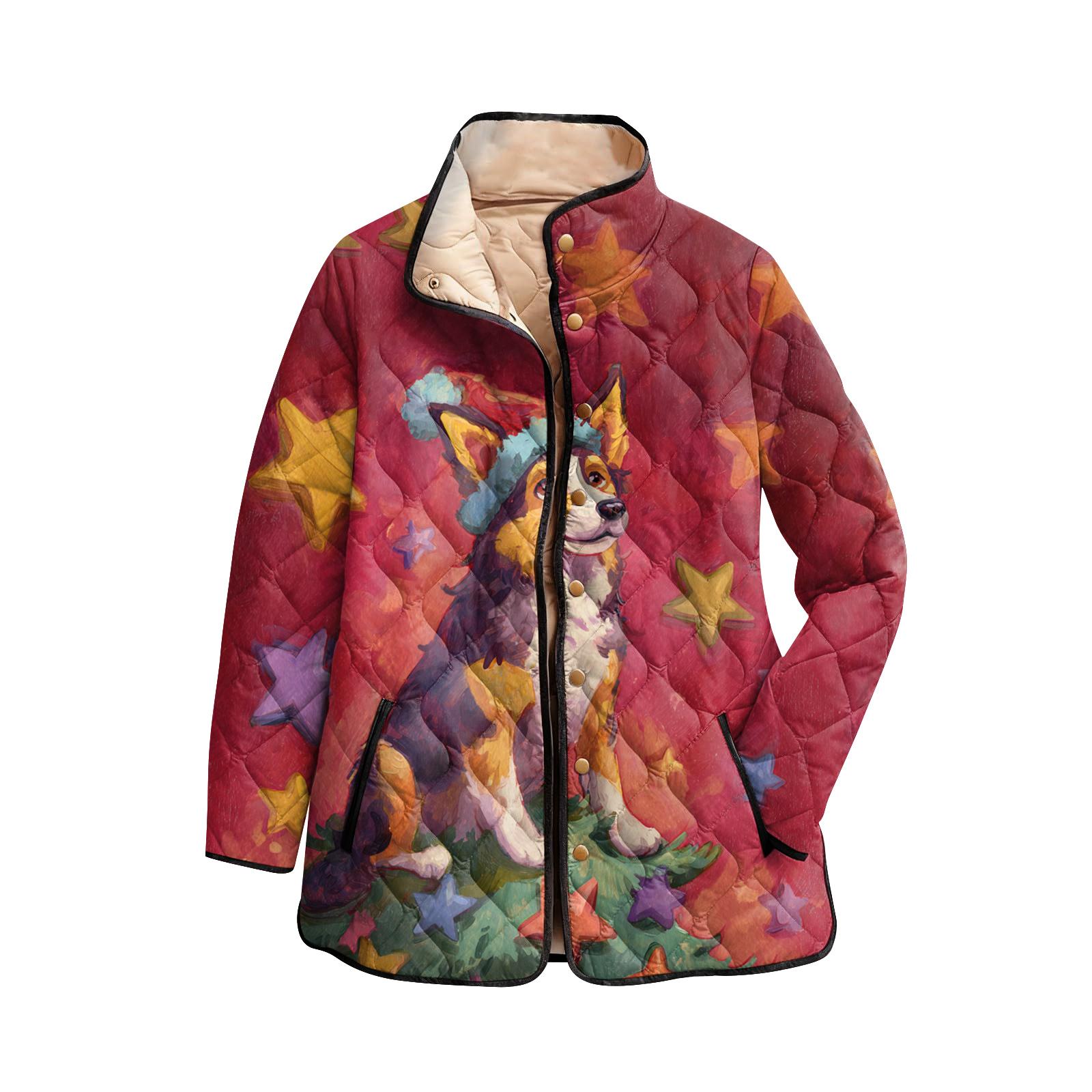 

Women s Christmas Print High-Neck Padded Long Sleeve Button-Up Cotton Coat L бежевий