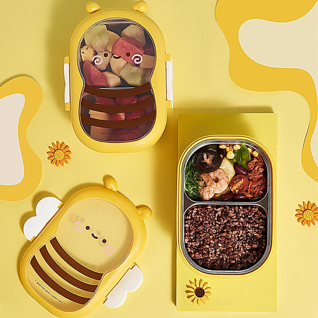 Stainless Steel Lunch Box Lunch Containers for Adults 2-Compartment Bee Shaped Snack Storage Box for Preschool Camping School