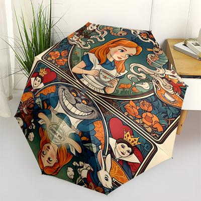 1pc Alice In Wonderland Automatic Folding Umbrella - Compact 8-Rib Design, Durable Plastic & Iron, Daily Use Z1230082