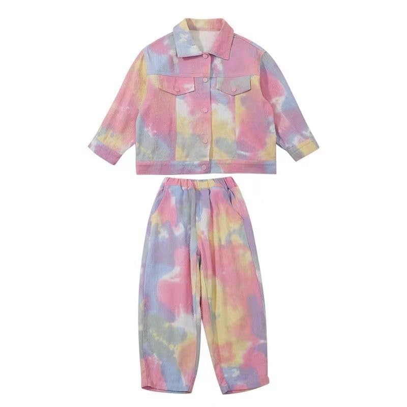 Îmbrăcăminte Denim Fete Set 2 Piese Set Copii Top Jersey și Pantaloni Fete Pantaloni Lungi Jachetă Denim Costum Dans Mânecă Lungă Tie Dye Hip Hop Larg