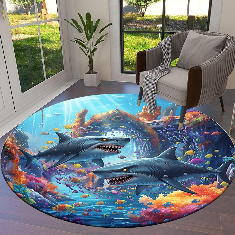 shark Round Area Rug,Carpet Rug for Living Room Bedroom Sofa Playroom Decor,Non-slip Floor Mat