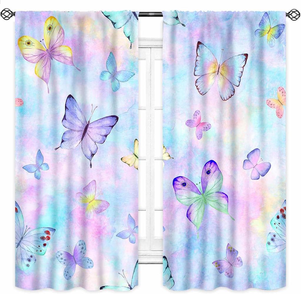 Butterfly Curtains Girls Room Rainbow Pink Purple Galaxy Star Princess Kids Drapes Treatments Living Rooms Curtain Polyester Perfect For