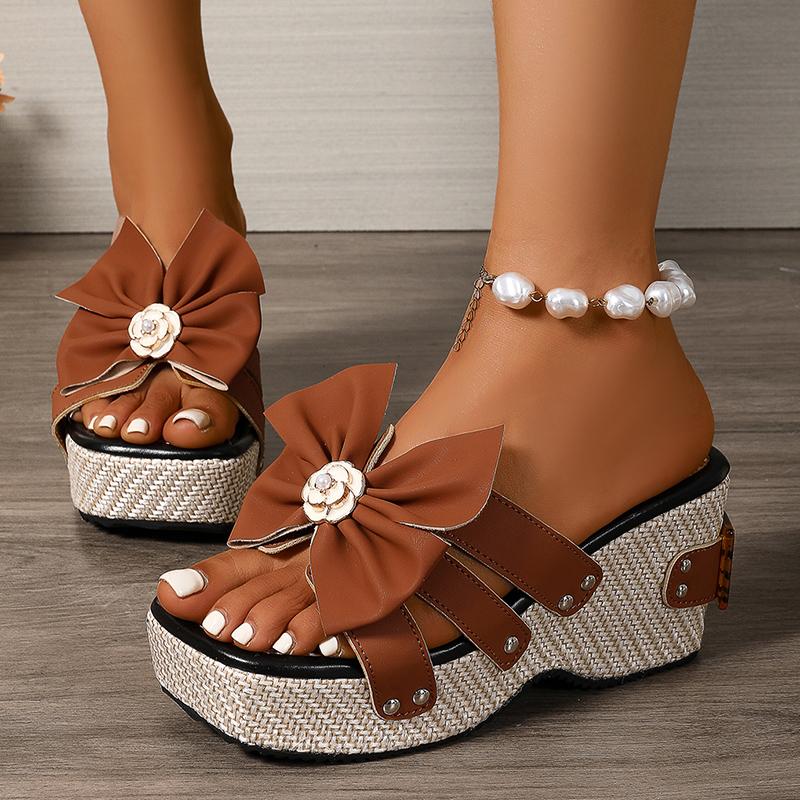 Fashion Big Bowknot Chunky Platform Sandals Women Pearl Flower Wedge Heel Slippers Woman Summer Square Toe Thick Bottom Slides