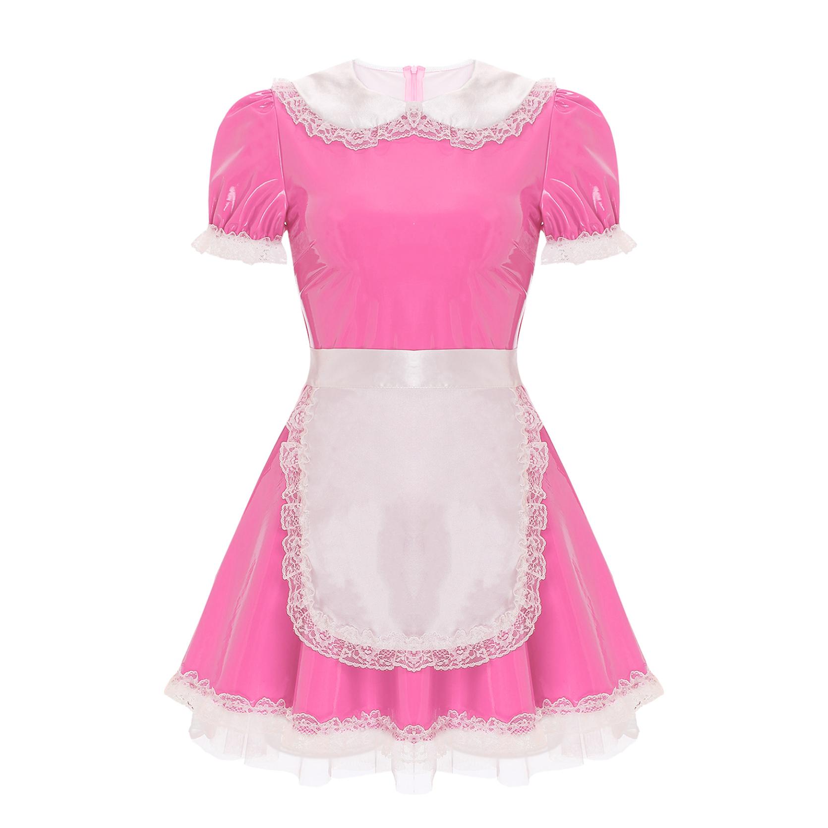 

Женский кожаный костюм французской горничной с мокрым эффектом, карнавальный костюм с пышными рукавами, вечерние мини-платье 3XL розовый