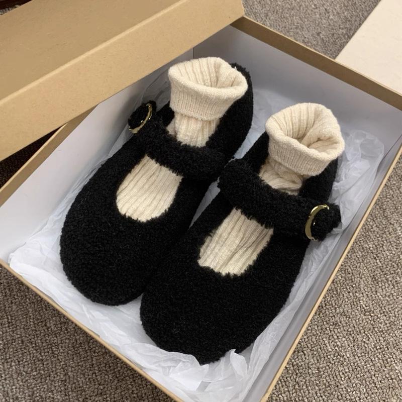 Fashion Elegant Round Toe Lambswool Ballet Flats Woman Winter Warm Plush Loafers Ladies Brand Design Teddy Fur Mary Jane Shoes In Grey