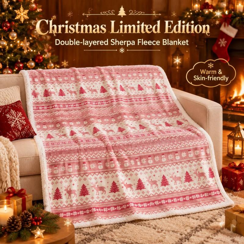 Christmas Flannel Sherpa Blanket Double Layer Thick Warm Throw Couch Napping Holiday Gift
