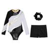 Girls Gymnastics Outfit Long Sleeve Rhinestone Leotard Cutout Back Patchwork Design with Waistband Shorts