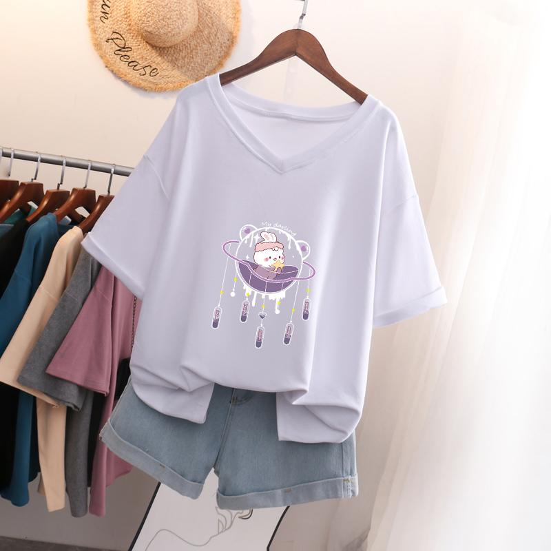 Short-sleeved T-shirt, Loose-fitting, Slimming Printed V-neck Top for Women