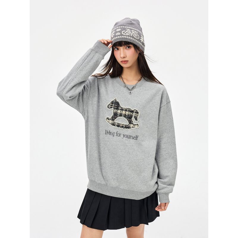 Jungle Tiger Vintage Patch Embroidery Pony Crew Neck Sweatshirt for Women 2026 Zodiac Year Heavy Beaded Loose Top for Men