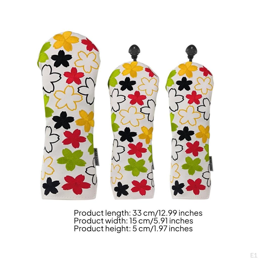 3 Pieces Driver Head Cover Multicolor Floral Golf Stitched Borders Edges Turf Wood