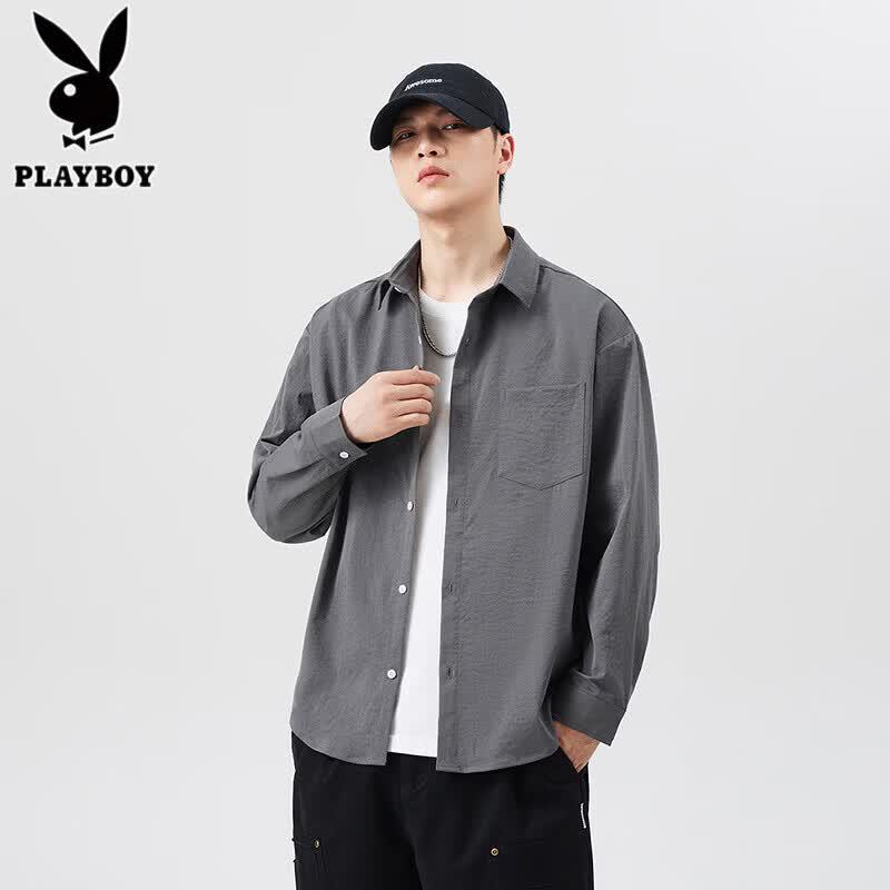 PLAYBOY Men's Simple Loose Fit Long Sleeve Casual Shirt