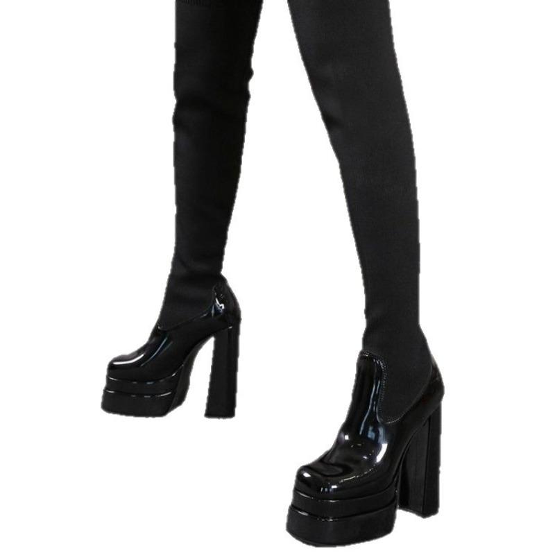 Women's Wide Width Knitted Over The Knee Boots, Waterproof Platform Heels, European Autumn Booties for Women