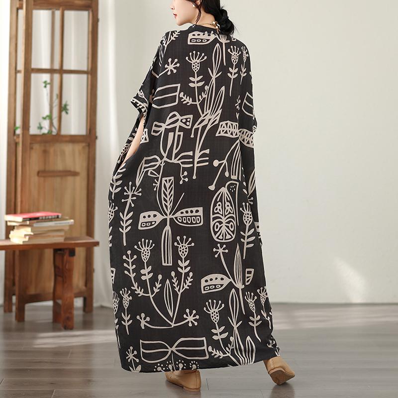 DIMANAF New 2026 Women Plus Size Spring Summer Beach Dress Vintage Floral Print Black Long Dress Loose Oversize Maxi