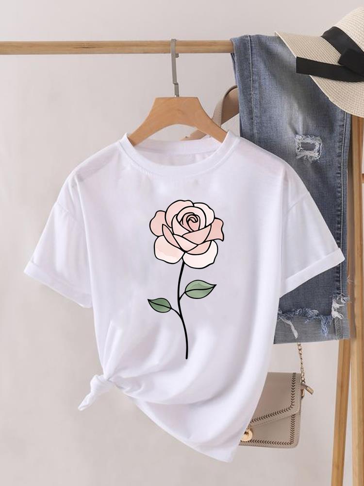 (Asian Size) Sweet Flower Printed Clothing Lady Female Top Casual T Shirt Fashion Short Sleeve T-shirts Women Graphic Tee