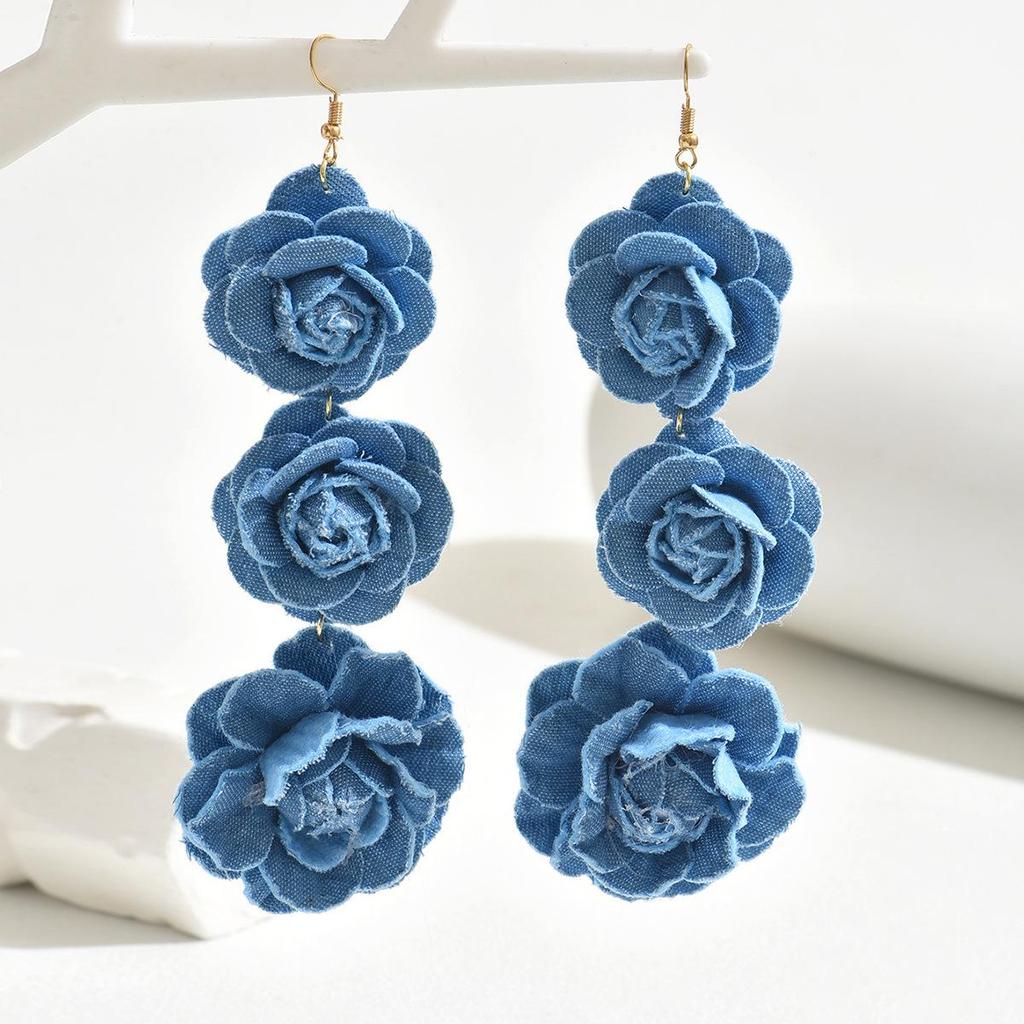 European & American Handmade Denim Rose Tassel Earrings - Fashionable Long Dangle Design