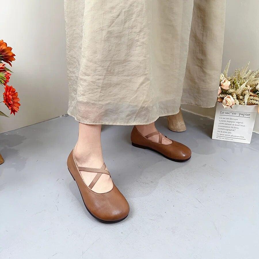 Johnature Genuine Leather Shallow Flats Retro Loafers Comfortable Soft Sole Round Toe Versatile Women's Shoes