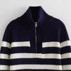 Autumn Winter Fashion Striped Zippered Lapel Long Sleeve Loose Casual Knitted Sweater for Women