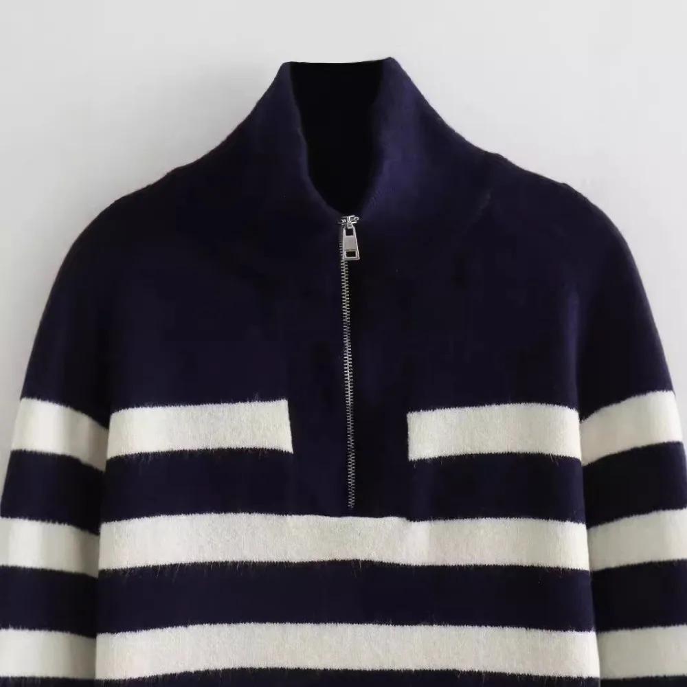 Autumn Winter Fashion Striped Zippered Lapel Long Sleeve Loose Casual Knitted Sweater for Women