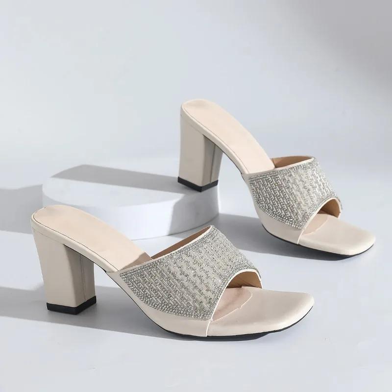 Fashion 2025 New Plus Size Rhinestone Women's Slippers Square Open Toe High Heel Summer Slippers Fashion Comfortable Dress Shoes Ladies