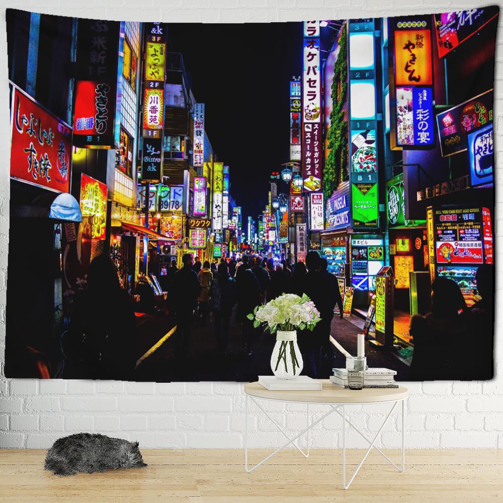Tapestry s nočním pohledem na Tokio Psychedelická látka na pozadí čarodějnictví Nástěnná dekorace Cikánský domov Dekorace místnosti
