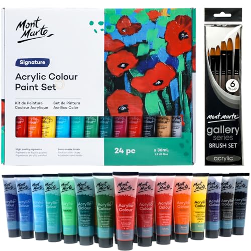 

MONT MARTE Acrylic Paint Set: 24 Colors (36ml) + 6 Brushes. A fantastic set perfect for fabrics, canvases, wood products, leather, cardboard, ceramics