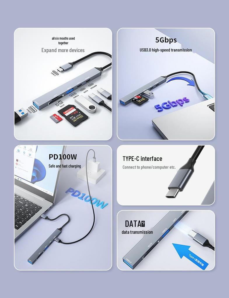 Type-C 6-in-1 Expansion Dock: USB 3.0, TF/SD Card Reader, 100W PD Power Hub