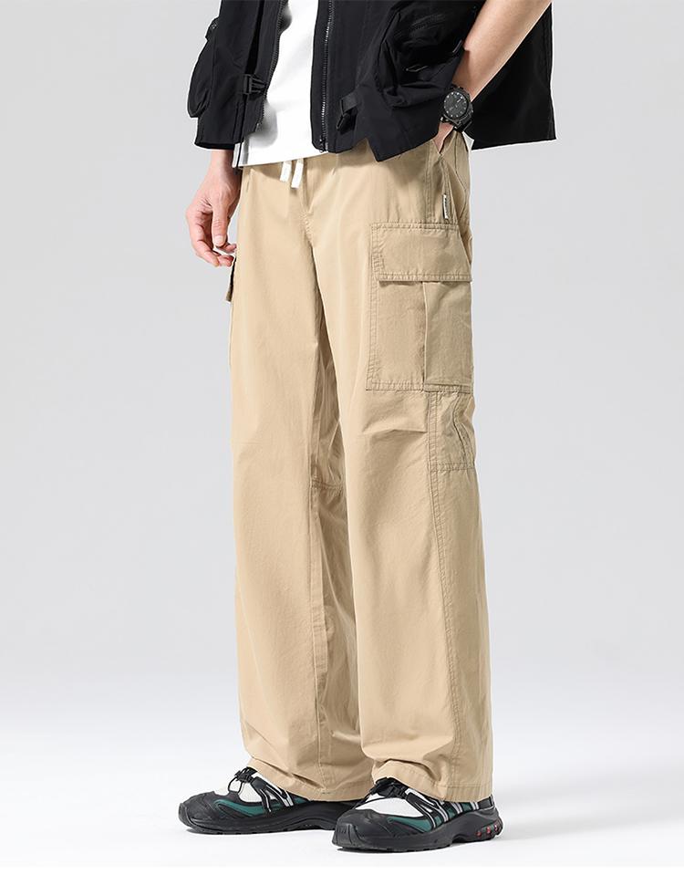 100% cotton workwear outdoor multi bag elastic waist drawstring pure cotton straight leg pants men's casual pants