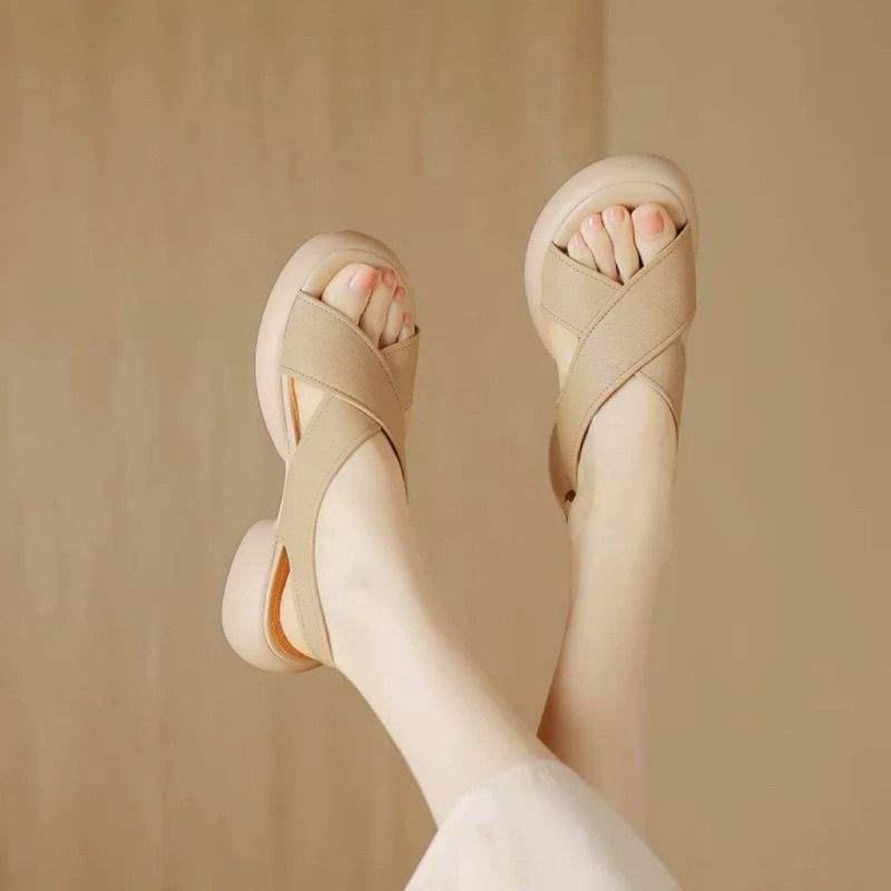 2025 Damen Sommer Französische Weiches Leder Peeptoe Sandalen mit Überkreuzriemchen und Dicken Sohlen