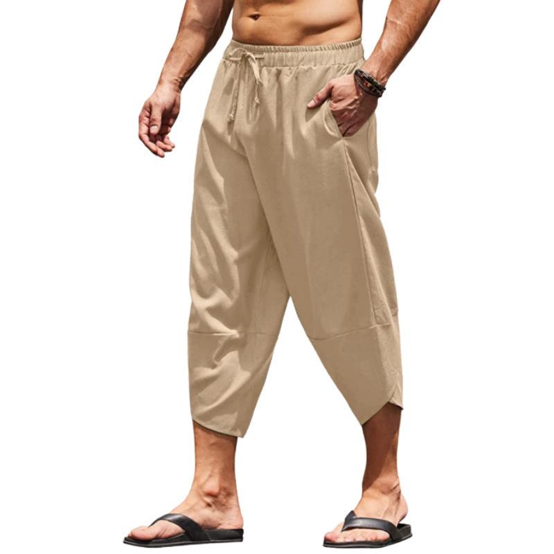 Men's Capri Summer Cotton and Linen Pants Pants Solid Color Scarf Elastic Waist Clamping Cord 3/4 Length Shorts Baggy Casual Pan