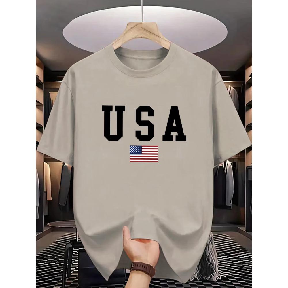 Men's Summer 100% Cotton Fashionable Casual Loose Fit USA American National Flag Graphic Round Neck Short Sleeved T-shirt Top