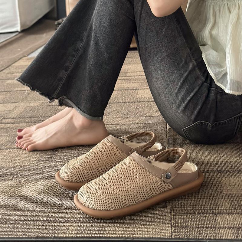 Two wear flat-soled linen sandals women's summer 2025 new mesh breathable hole shoes bag head half slippers outer wear