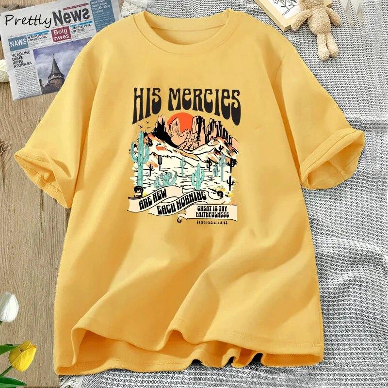 

Христианские футболки в стиле бохо, библейский стих, футболка на основе веры Иисуса, футболки с графикой «Его милосердие», хлопковая одежда с круглым вырезом с короткими рукавами, уличная одежда унисекс 4XL