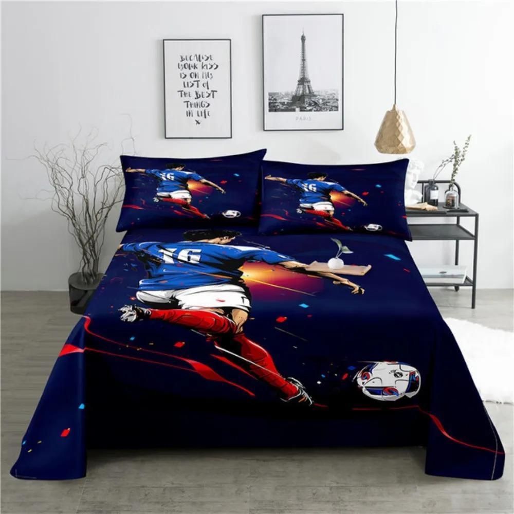 Ensemble de draps de lit de football Cartoon Imprimé numérique Polyester Drap plat et taie d'oreiller 2/3 pièces Literie pour garçons adolescents enfants