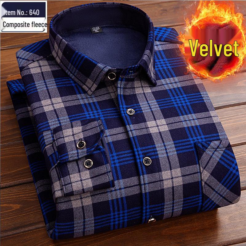 Men's Retro Plaid Fleece-lined Winter Shirt - Thick, Warm, Long-sleeved Casual Top for Middle-aged and Elderly