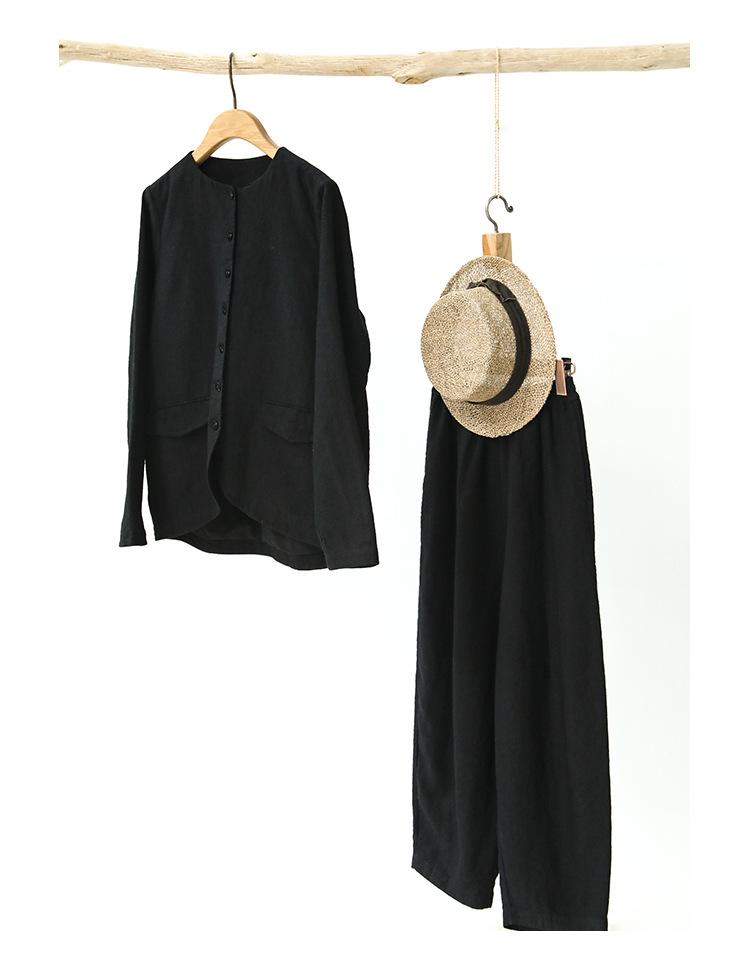 2025 Spring & Autumn Black Linen Round Neck Slim Jacket with Elastic Waist Loose Carrot Pants