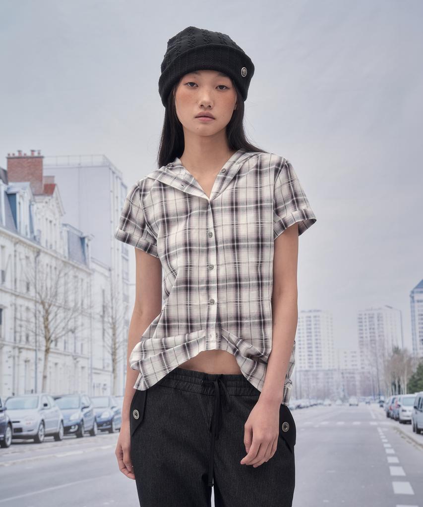 SOMSOC Ria Hooded Balloon Check Half Shirt_White