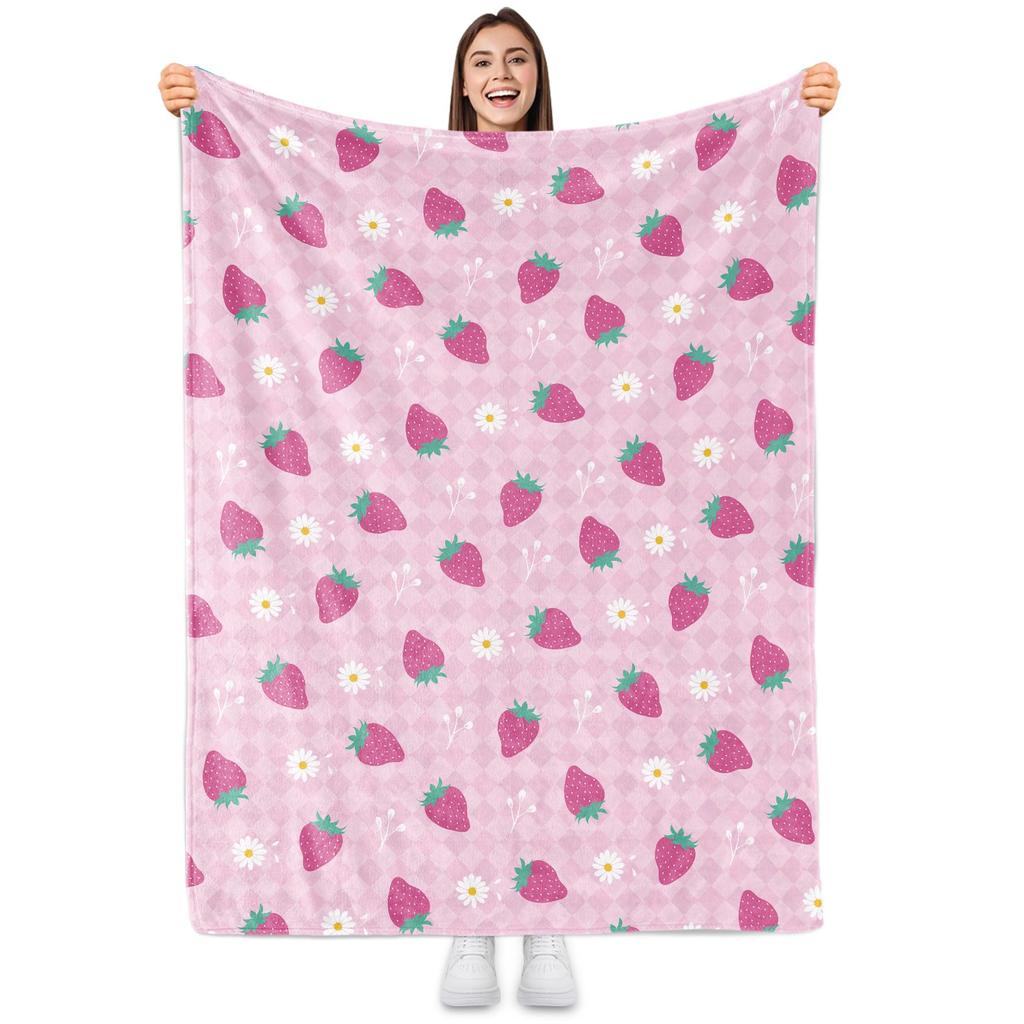 Cute Strawberry Blanket, Plush Soft Warm Flannel Sweet Fruit Throw Blanket for Couch, Travel, Bed, Outdoor, Gift for Teen Adult