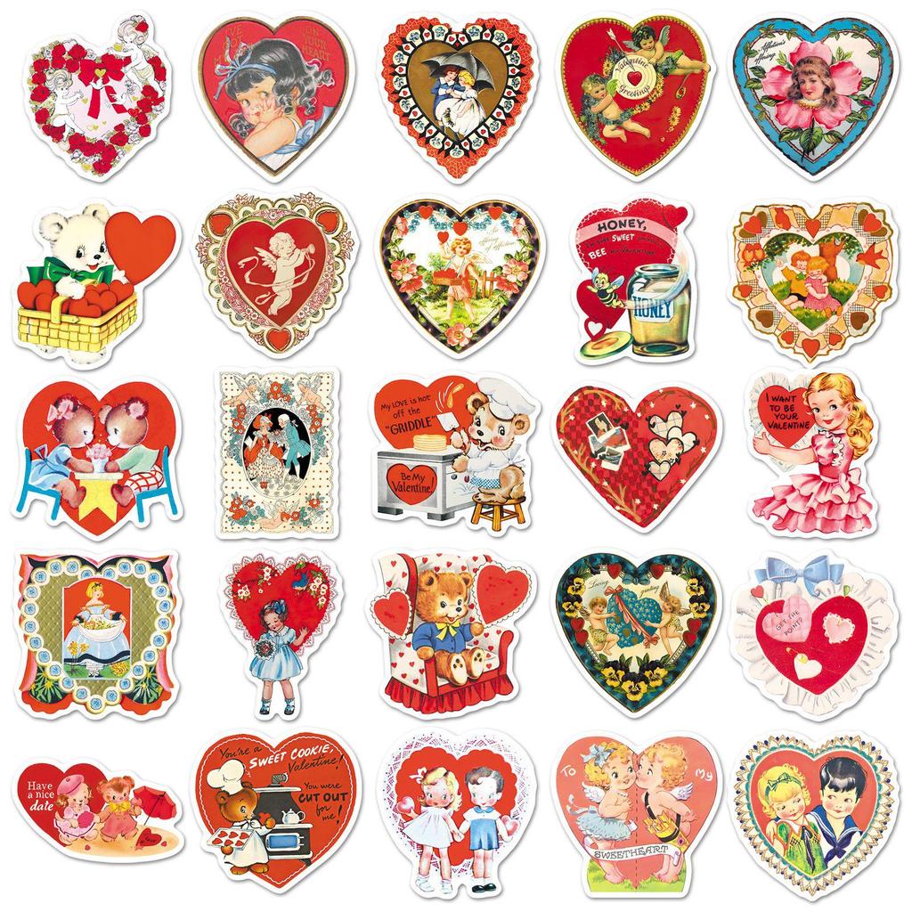 50 Sheets Retro Valentine's Day Stickers: Cartoon Hearts & Romantic Graffiti for Journals & Storage Boxes