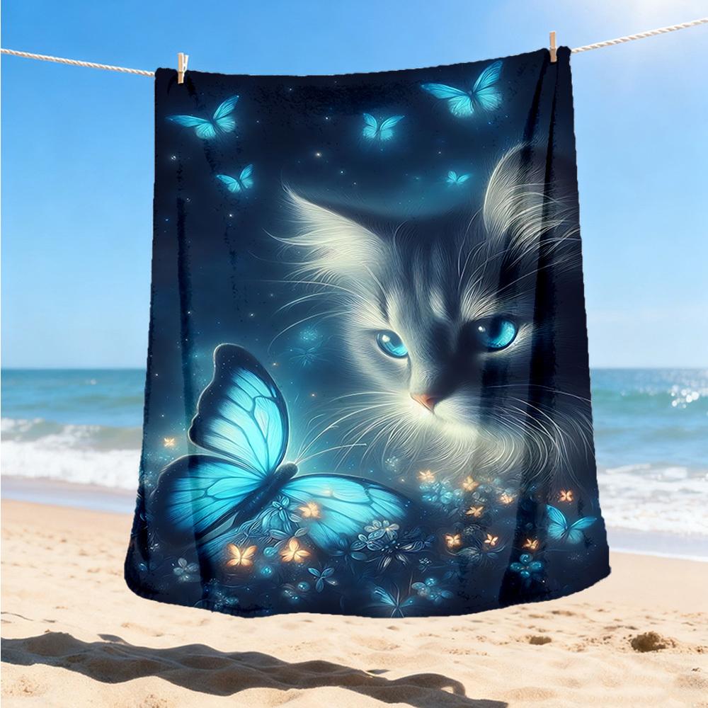 1pc Butterfly Cat Night Throw Blanket Polyester Fiber, Lightweight Flannel, Soft & Warm, All Season Use for Outdoor, Camping Digital Print