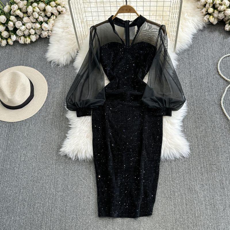 

French Black Lantern Long Sleeve Velvet Dress Mesh Black XL