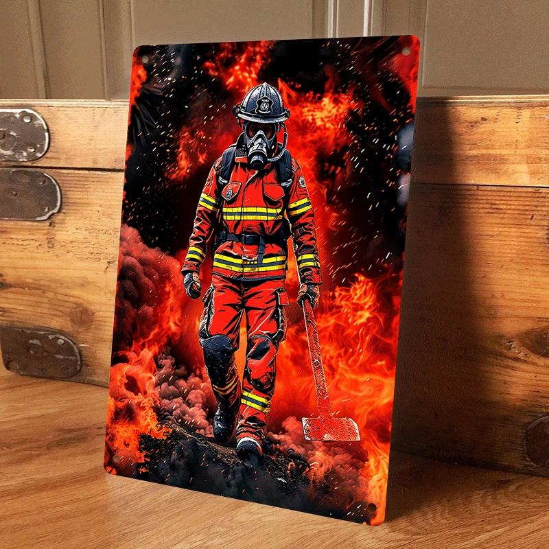 

1 piece: Firefighter tin plaque with a design of a heroic firefighter against a background of flames. Suitable for home and offi (as the picture,20x30cm)